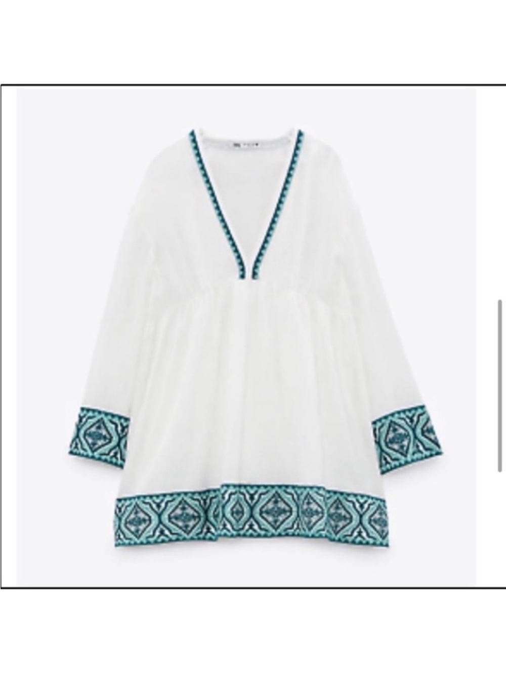 Zara White Gauze Tunic with Teal Embroidered Accents